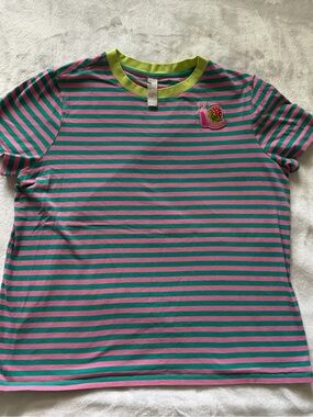 Amazon Pink & Teal Striped Short Sleeve Tee with Snail Patch